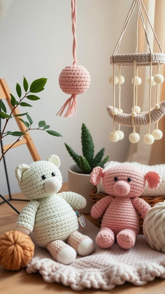 Crochet toys and a mobile in a cozy nursery setting