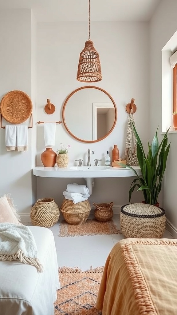 A bohemian bathroom featuring handcrafted accessories like woven baskets, a round mirror, and a pendant light.