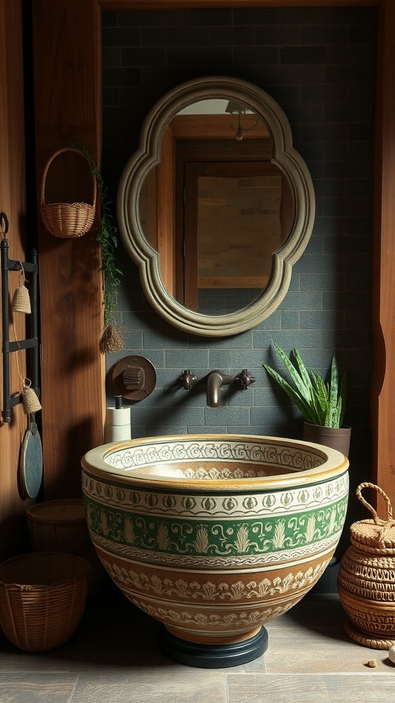 Handcrafted ceramic sink with intricate patterns in a rustic bathroom setting