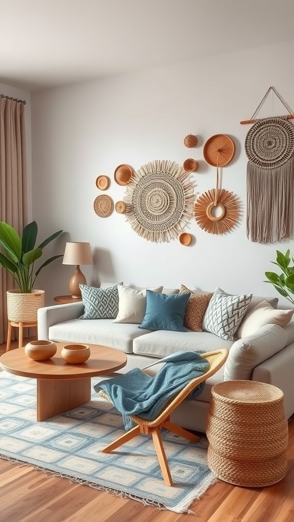 A cozy living room with handcrafted decor accents, featuring woven wall hangings, a comfortable sofa with cushions, and a wooden coffee table.