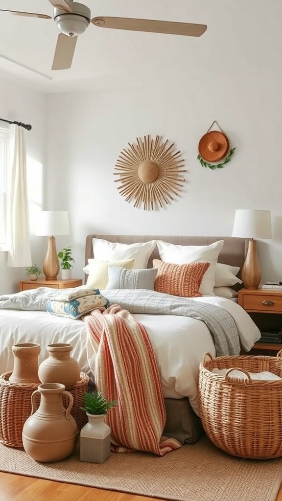 A cozy farmhouse bedroom featuring handcrafted elements like pottery, woven baskets, and a sunburst mirror.