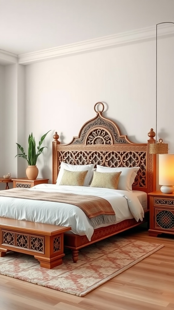 A beautifully designed Moroccan bedroom featuring handcrafted wooden furniture with intricate carvings.