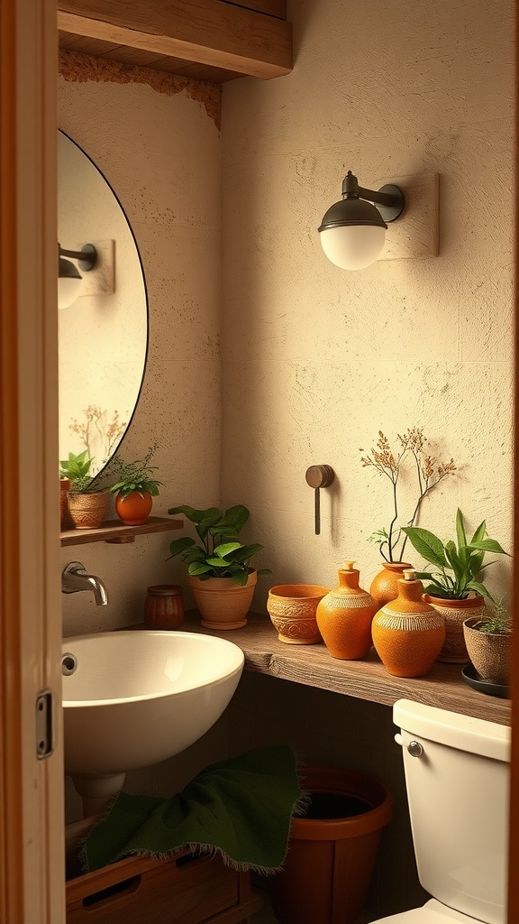 A rustic bathroom featuring handcrafted pottery, plants, and a round mirror.