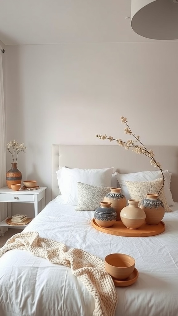 A cozy bedroom featuring handcrafted pottery on a bed, including vases and bowls in earthy tones.