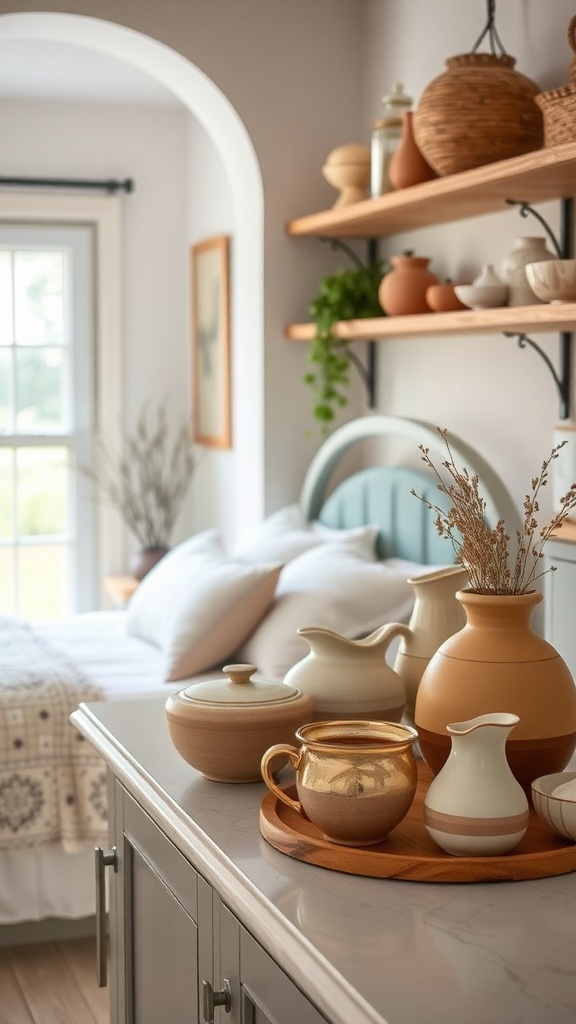 A cozy kitchen featuring handcrafted pottery accents on a countertop, with a soft color palette and warm lighting.