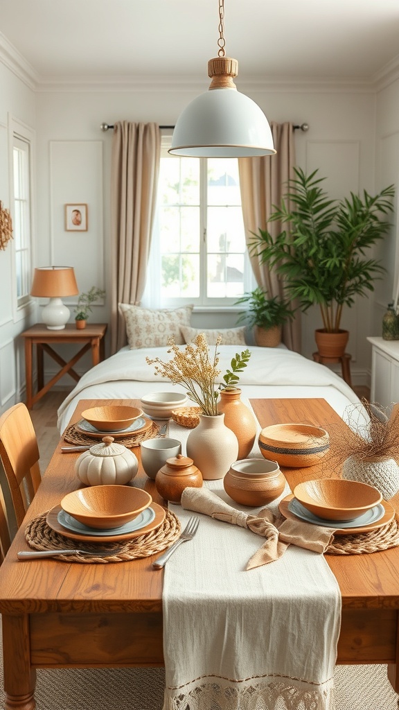 A cozy dining table set with handcrafted pottery and tableware, featuring earthy tones and natural textures.