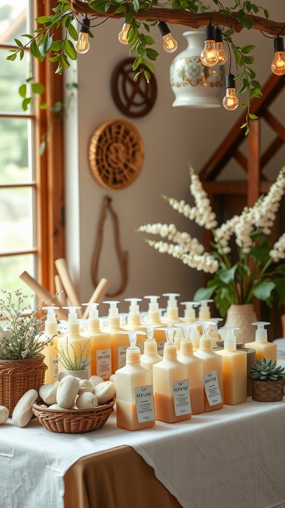 A cozy table setup featuring handcrafted soaps in various bottles, surrounded by decorative items like plants and rustic baskets.