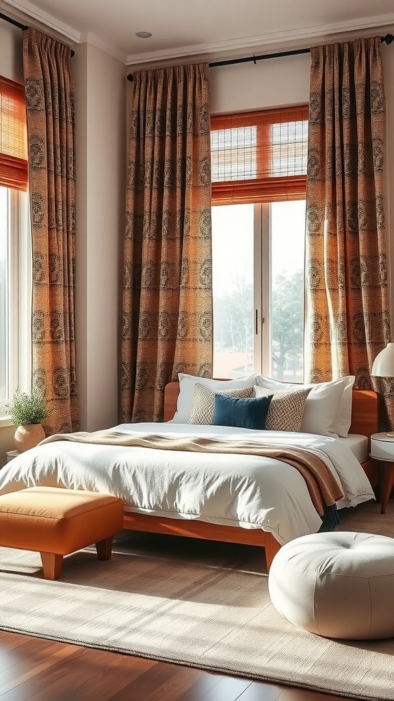 A modern Indian bedroom showcasing handcrafted textile draperies with rich patterns and earthy tones.