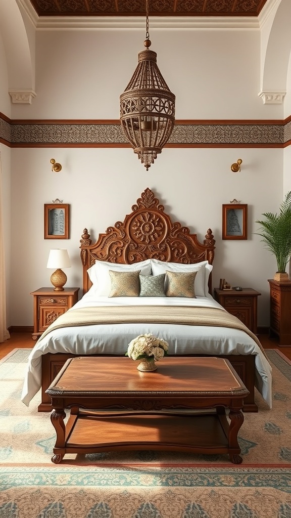 A Moroccan bedroom featuring handcrafted wood furniture, including a carved bed frame, nightstands, and a coffee table, with a decorative hanging lantern.