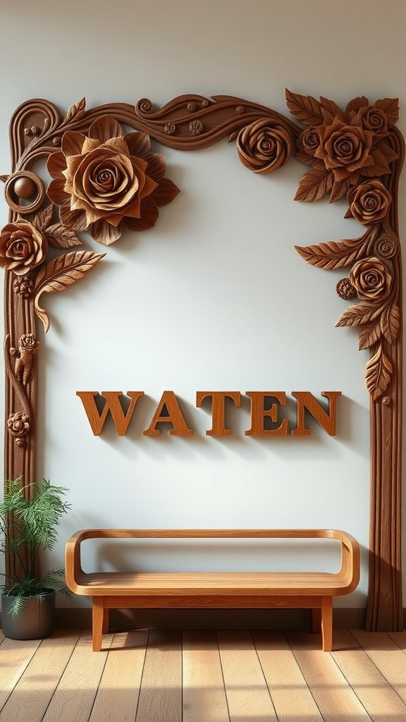 Handcrafted wood wall art featuring floral designs and the word 'WATEN' on a light wall, with a wooden bench and plant in the foreground.