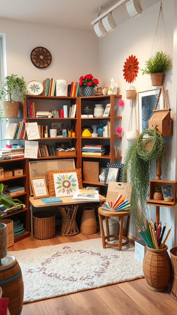 A cozy handmade art and craft corner with colorful supplies, books, and plants.