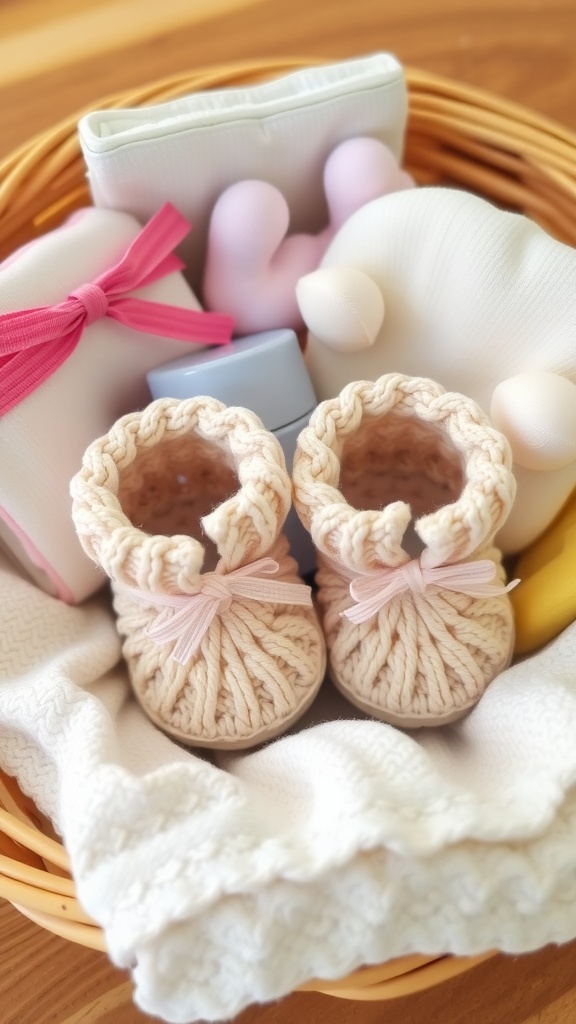 A basket containing handmade baby booties, wrapped gifts, and soft toys.