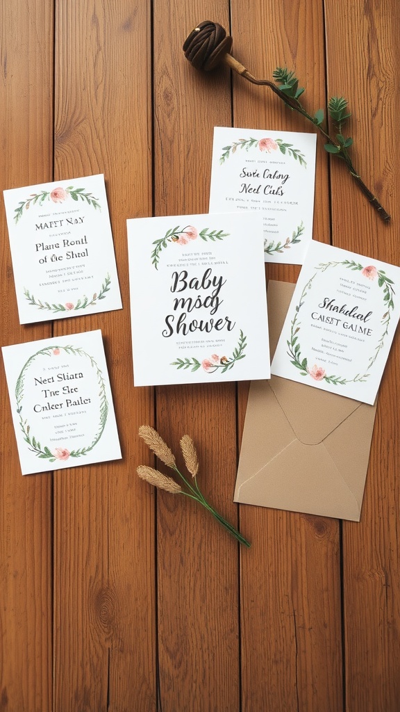 A collection of handmade baby shower invitations on a wooden table with floral designs.