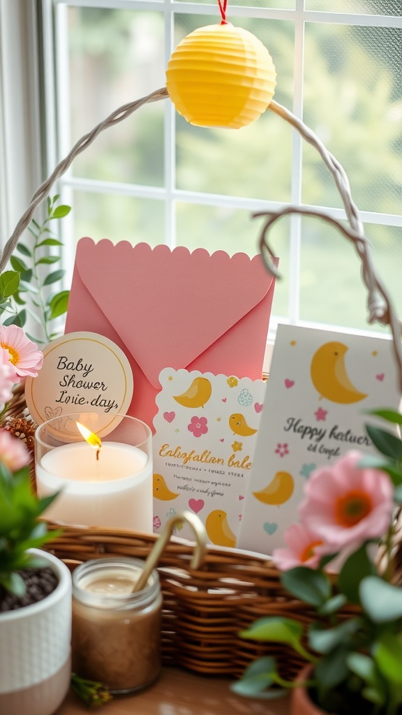 A collection of handmade baby shower invitations in a pink envelope, with flowers, a candle, and a decorative lantern.