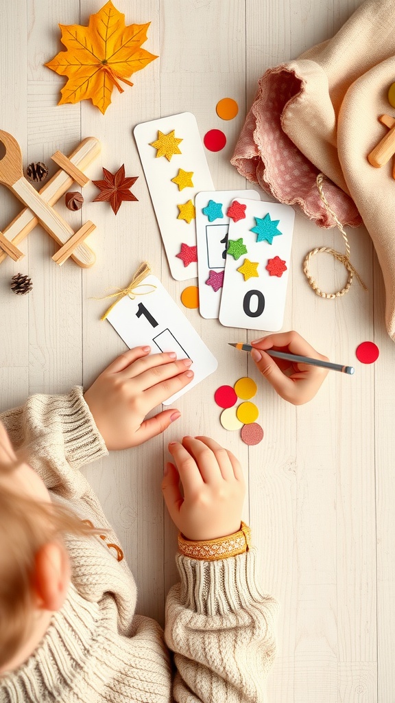 A child crafting colorful handmade bookmarks with stars and circles on a wooden table.