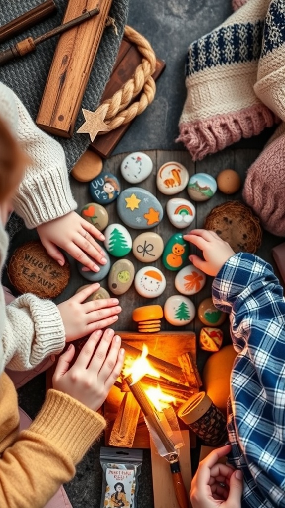 Children's hands touching painted stones arranged in a circle around a small campfire.