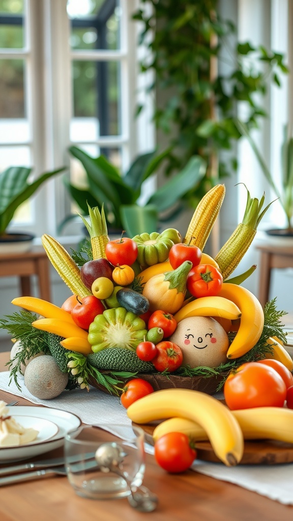 A colorful centerpiece made of fresh fruits and vegetables, including bananas, tomatoes, and corn, with a smiling gourd in a cozy indoor setting.