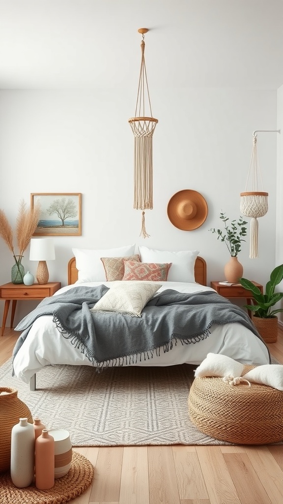A Scandinavian boho bedroom featuring a cozy bed with a knitted throw, cushions, and handmade decor.