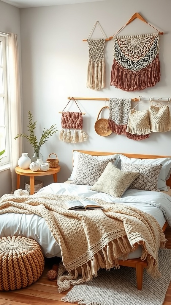A cozy cottagecore bedroom featuring macramé wall hangings, a chunky knit blanket, and a round pouf.