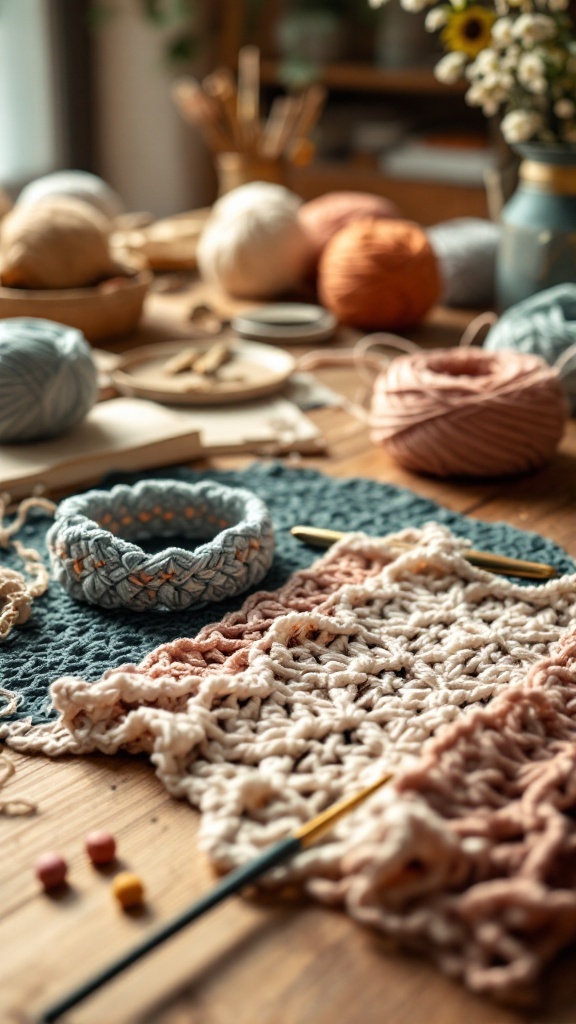 A cozy crafting scene featuring colorful yarn, crochet hooks, and handmade crochet accessories.