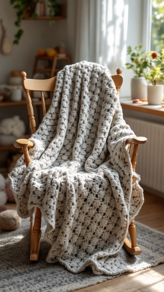 A cozy handmade crochet baby blanket draped over a rocking chair in a softly lit nursery.