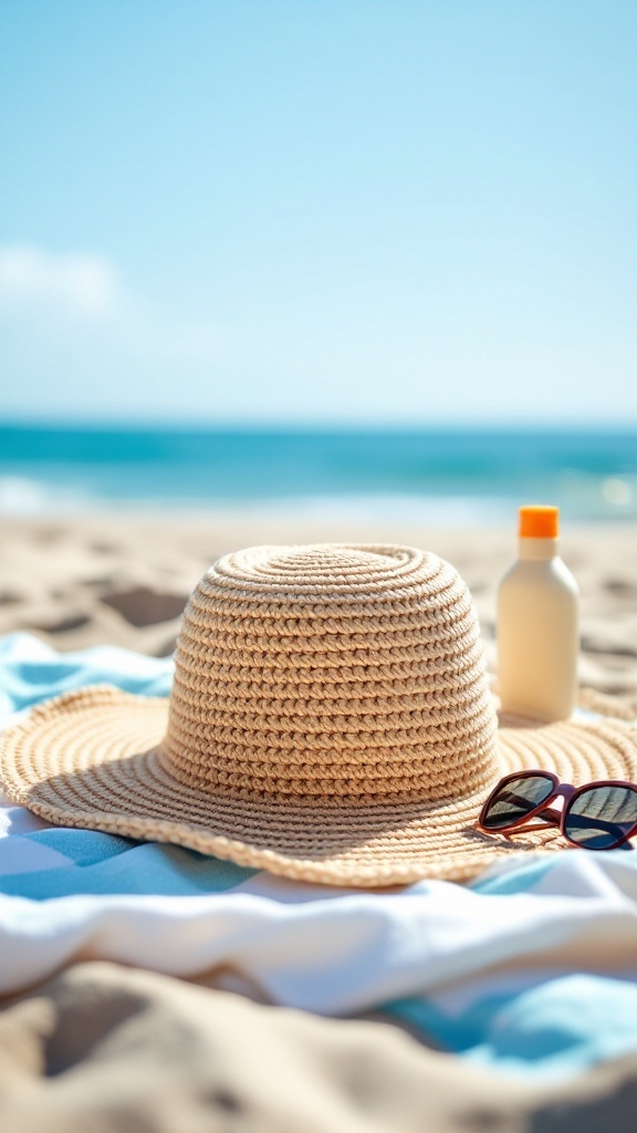 A handmade crochet beach hat placed on a towel near sunglasses and sunscreen on a sandy beach.