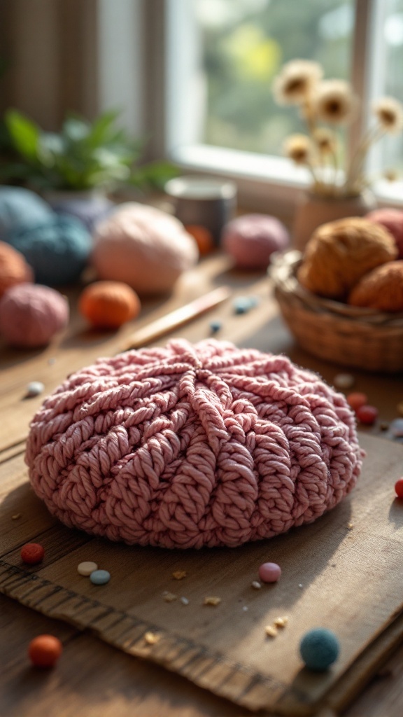 A handmade pink crochet pouch surrounded by colorful yarn and craft supplies.