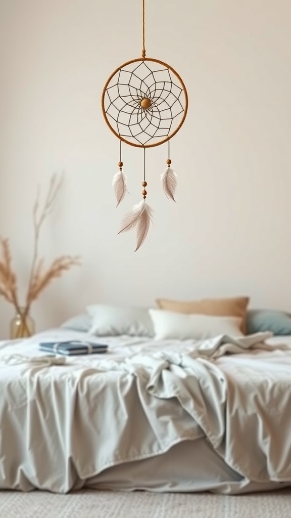 A handmade dream catcher hanging above a cozy bed with soft bedding and decorative pillows.
