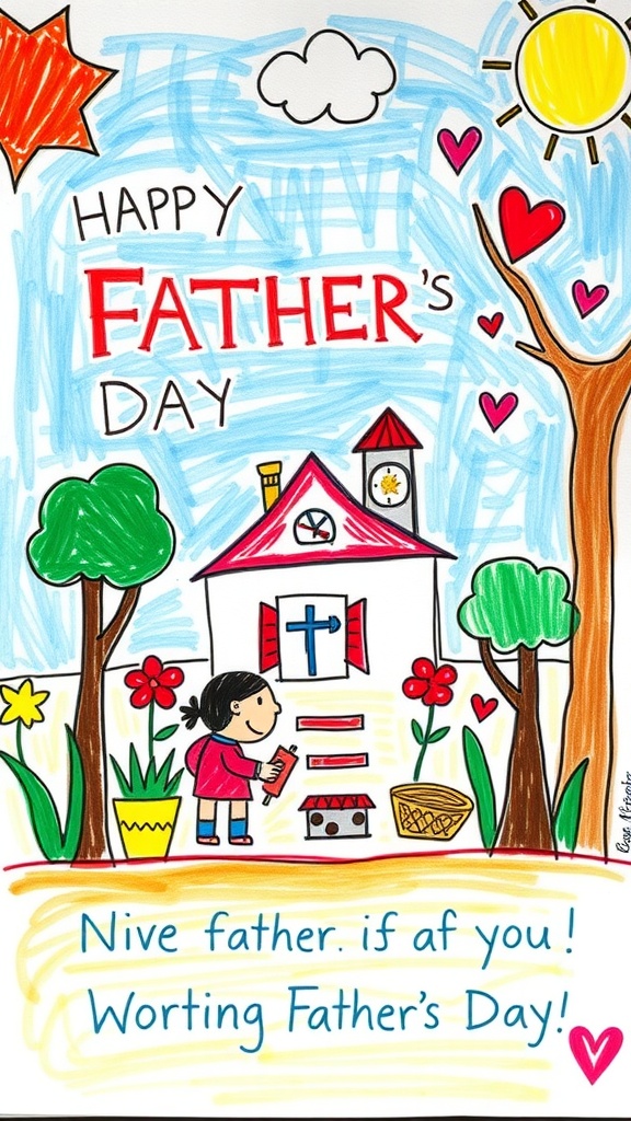A colorful handmade Father's Day card featuring a drawing of a girl and the text 'Happy Father's Day'.