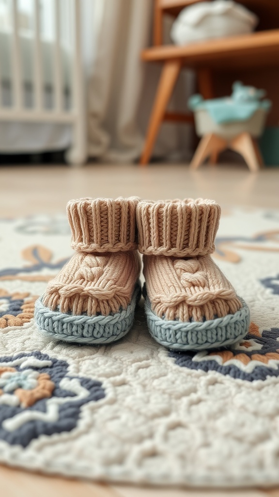 A pair of handmade knit booties in soft colors, designed for a baby boy, resting on a decorative rug.