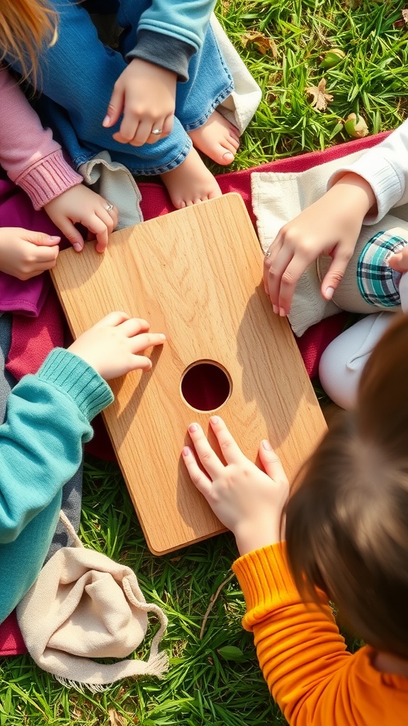 Children's hands reaching for a wooden game during a picnic