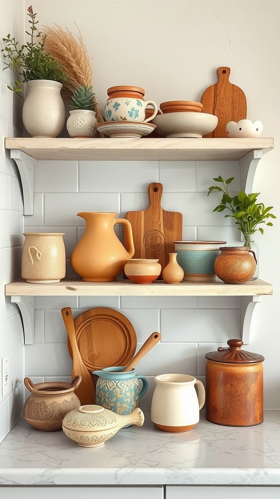 A collection of handmade pottery displayed on kitchen shelves, featuring various ceramic pots, jugs, and decorative items.