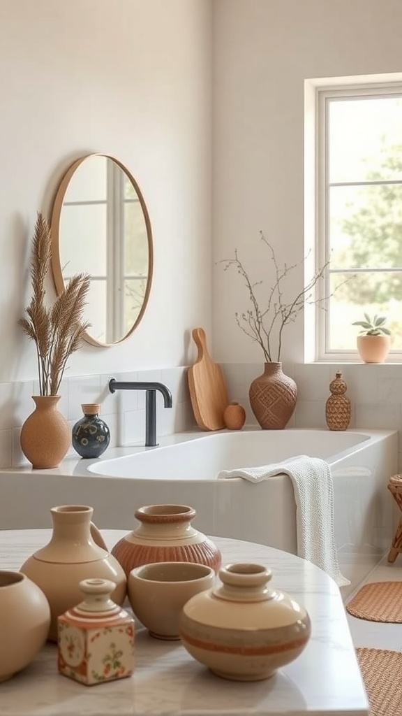 A serene bathroom featuring various handmade pottery pieces on a countertop, with a bathtub and natural light from a window.