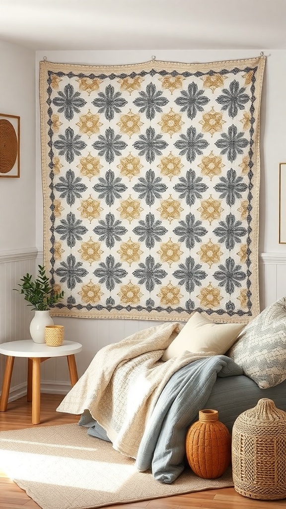 A handmade quilt displayed on a wall in a cozy craft room, surrounded by soft pillows and a warm atmosphere.