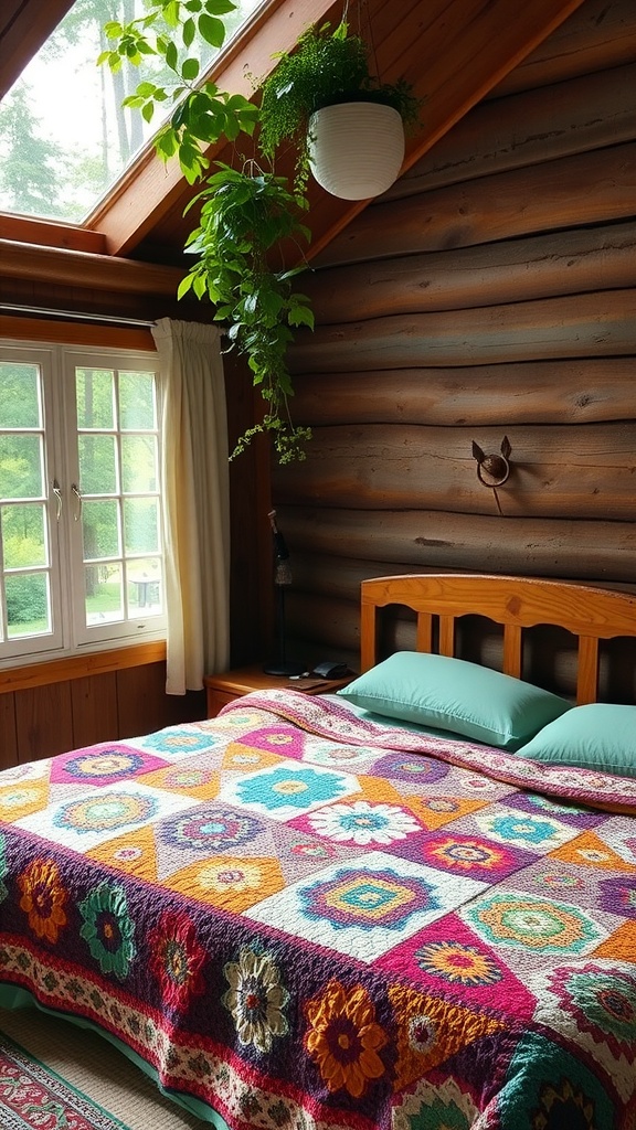 A cozy cottagecore bedroom with a colorful handmade quilt, wooden bed frame, and hanging plants.