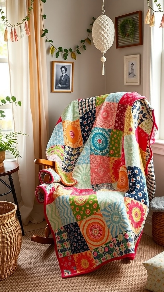 A colorful handmade quilt draped over a rocking chair in a cozy nursery setting.