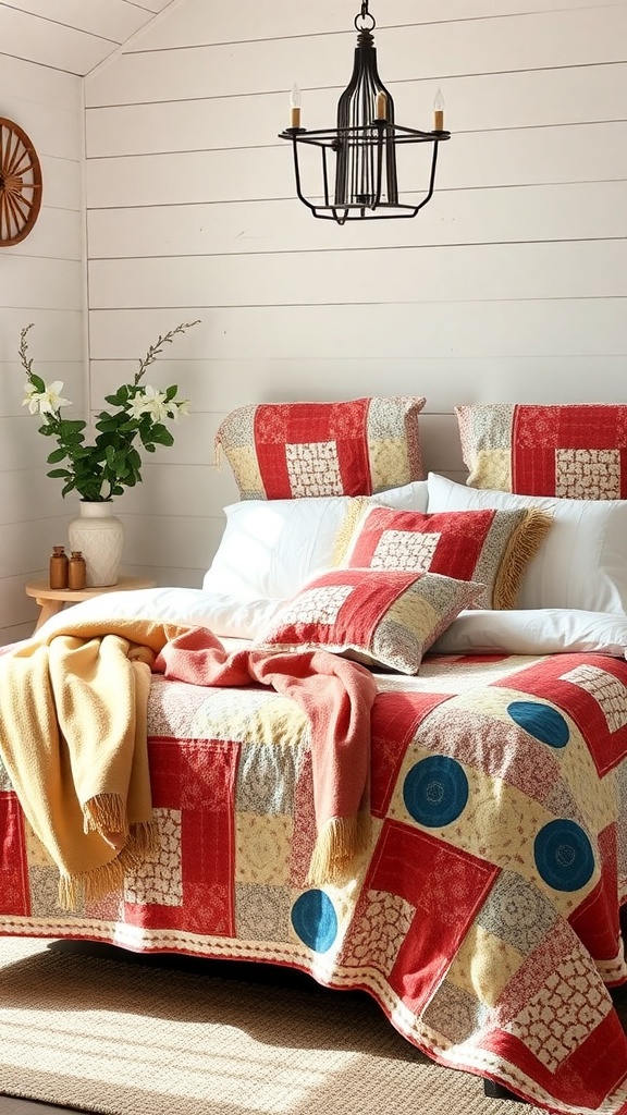 A cozy cottagecore bedroom featuring a handmade quilt in warm colors, layered with soft throws.