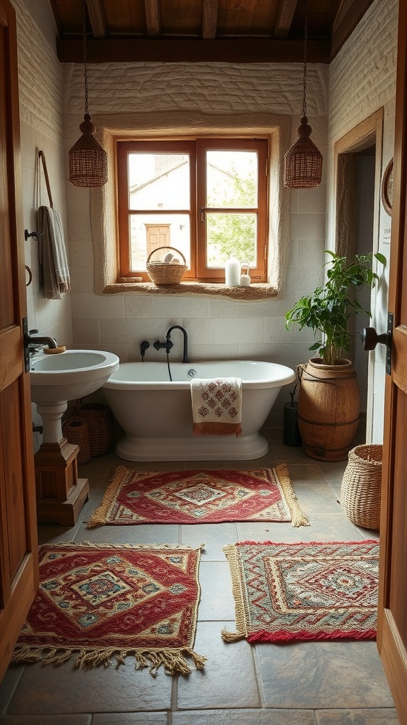 A rustic bathroom featuring a clawfoot tub and colorful handmade rugs with intricate patterns.