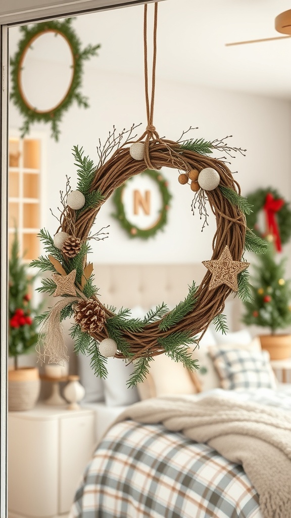 A handmade wreath made of twigs, pine branches, and decorative stars, hanging in a cozy room.