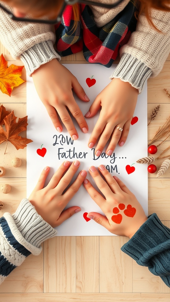 Hands of a child and an adult on a paper with hearts and Father's Day message