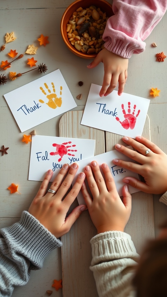 Children creating colorful handprint thank you cards with autumn decorations.