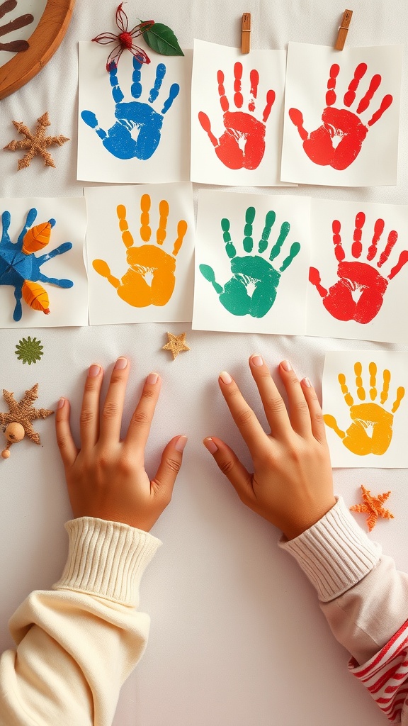 Colorful handprint art displayed on cards, with decorative elements like starfish and leaves.