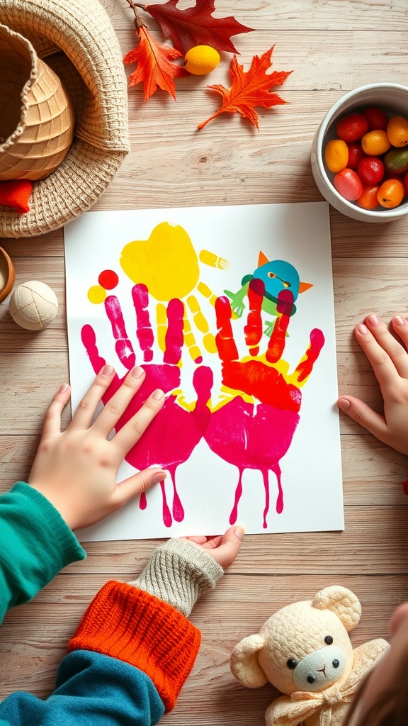 Colorful handprint art with two children's hands, a teddy bear, and autumn leaves.