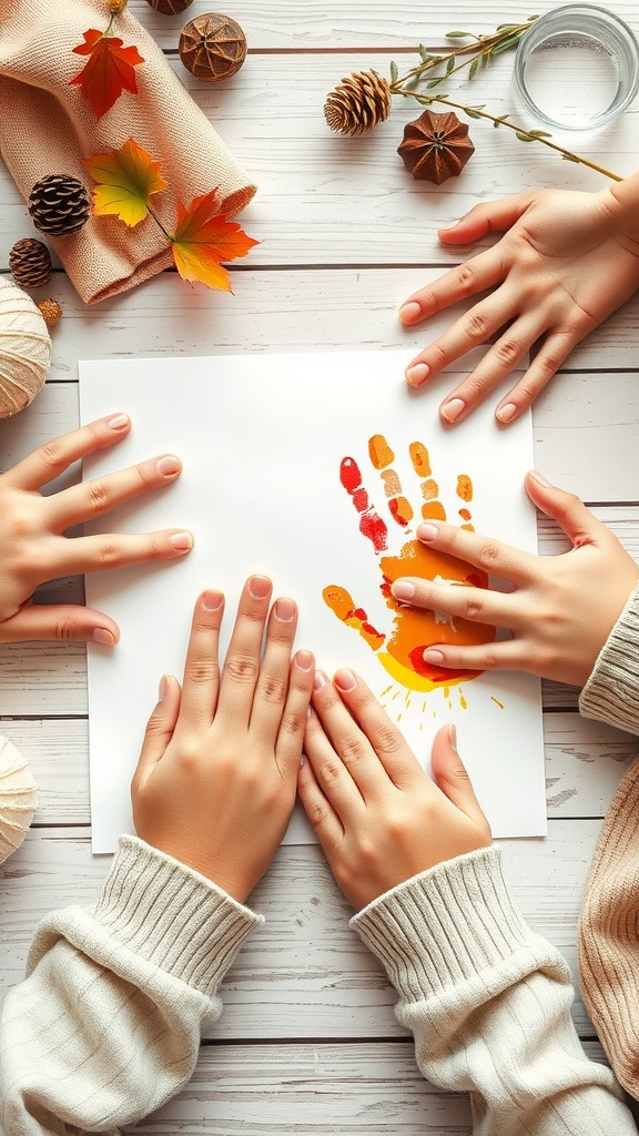 Children's hands preparing to make colorful handprint artwork on a white sheet of paper, surrounded by autumn leaves and pinecones.