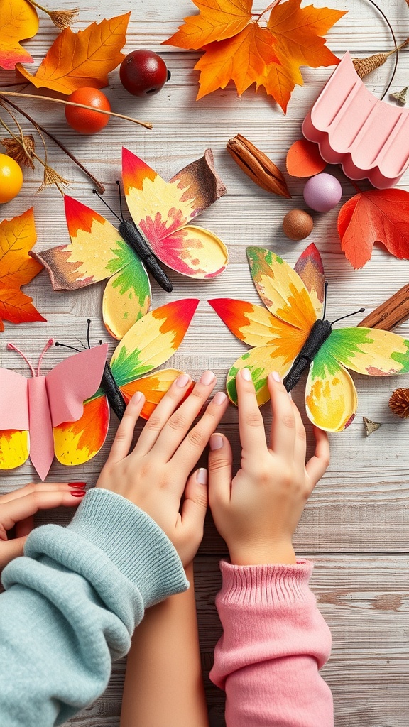 Colorful handprint butterflies surrounded by autumn leaves and natural decorations, with children's hands placed around them.