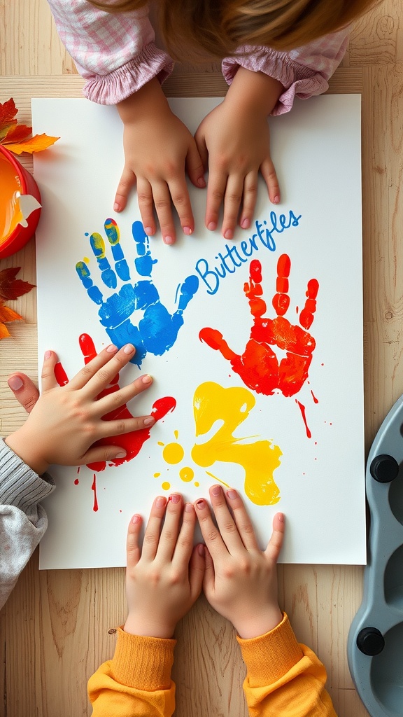 Children's handprints in colorful paint creating butterfly art
