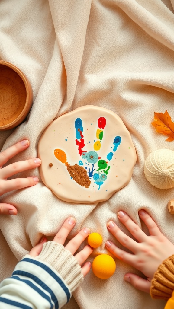 Children's hands creating colorful handprint clay keepsakes.