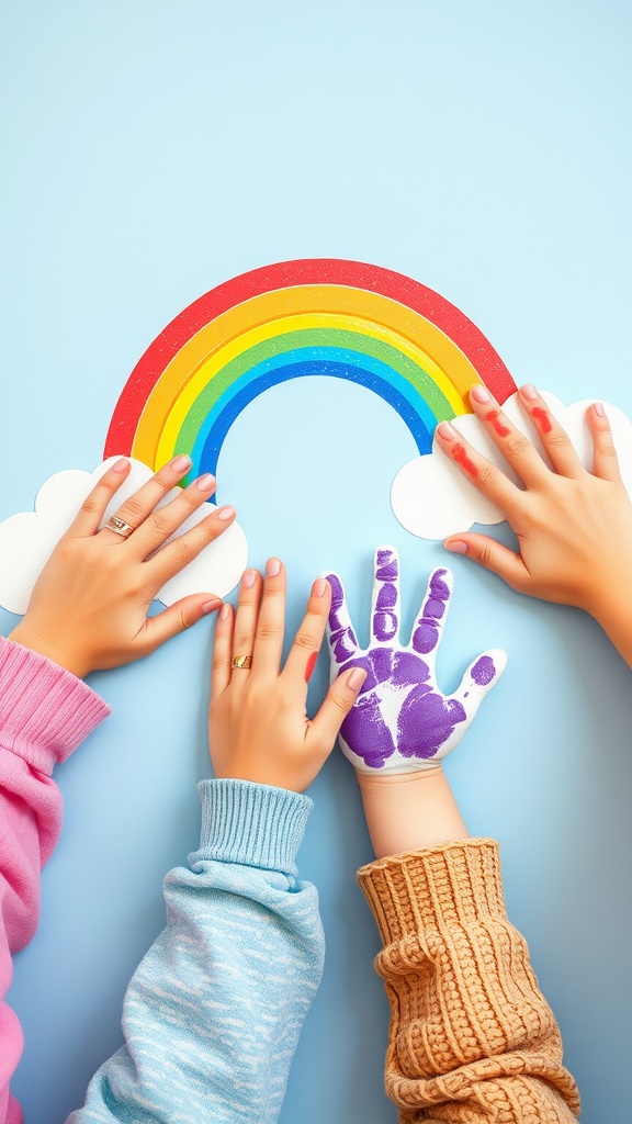 Hands creating handprint clouds below a colorful rainbow