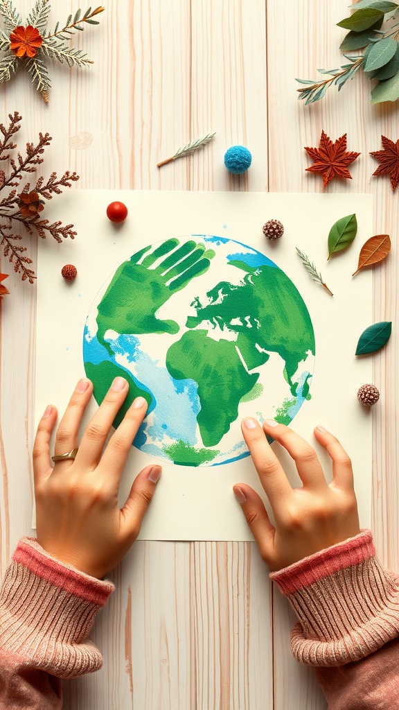 Hands creating a colorful Earth representation with paint, surrounded by natural decorations.
