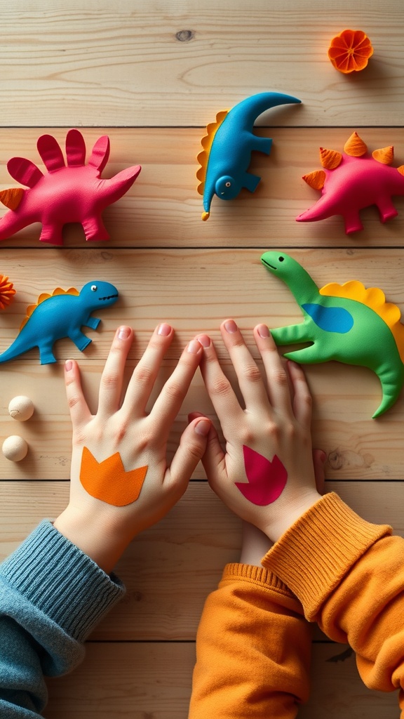 Two hands with colorful dinosaur designs and toy dinosaurs on a wooden table.